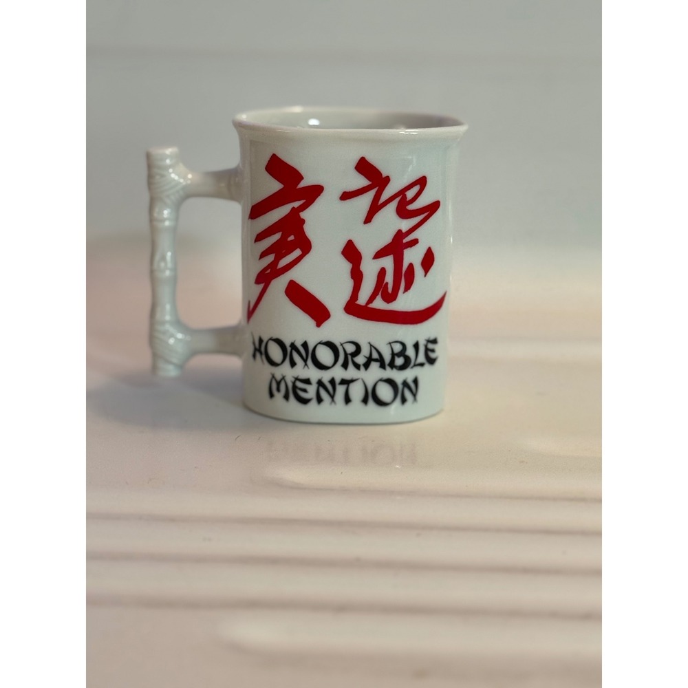 Vintage 1984 Enesco Honorable Mention Mug Bamboo Handle Japan Ceramic Coffee Cup